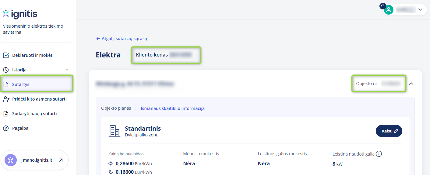Instrukcija, kur rasti visuomeninio elektros tiekimo kliento kodą ar objekto numerį.